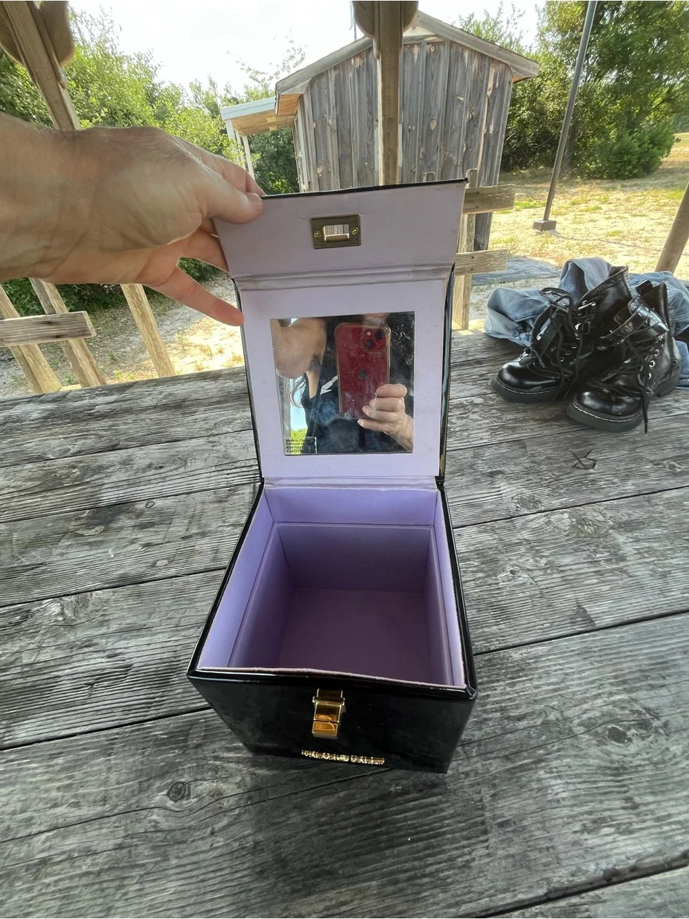 VICTORIA SECRET black patent leather make up box , inside mirror